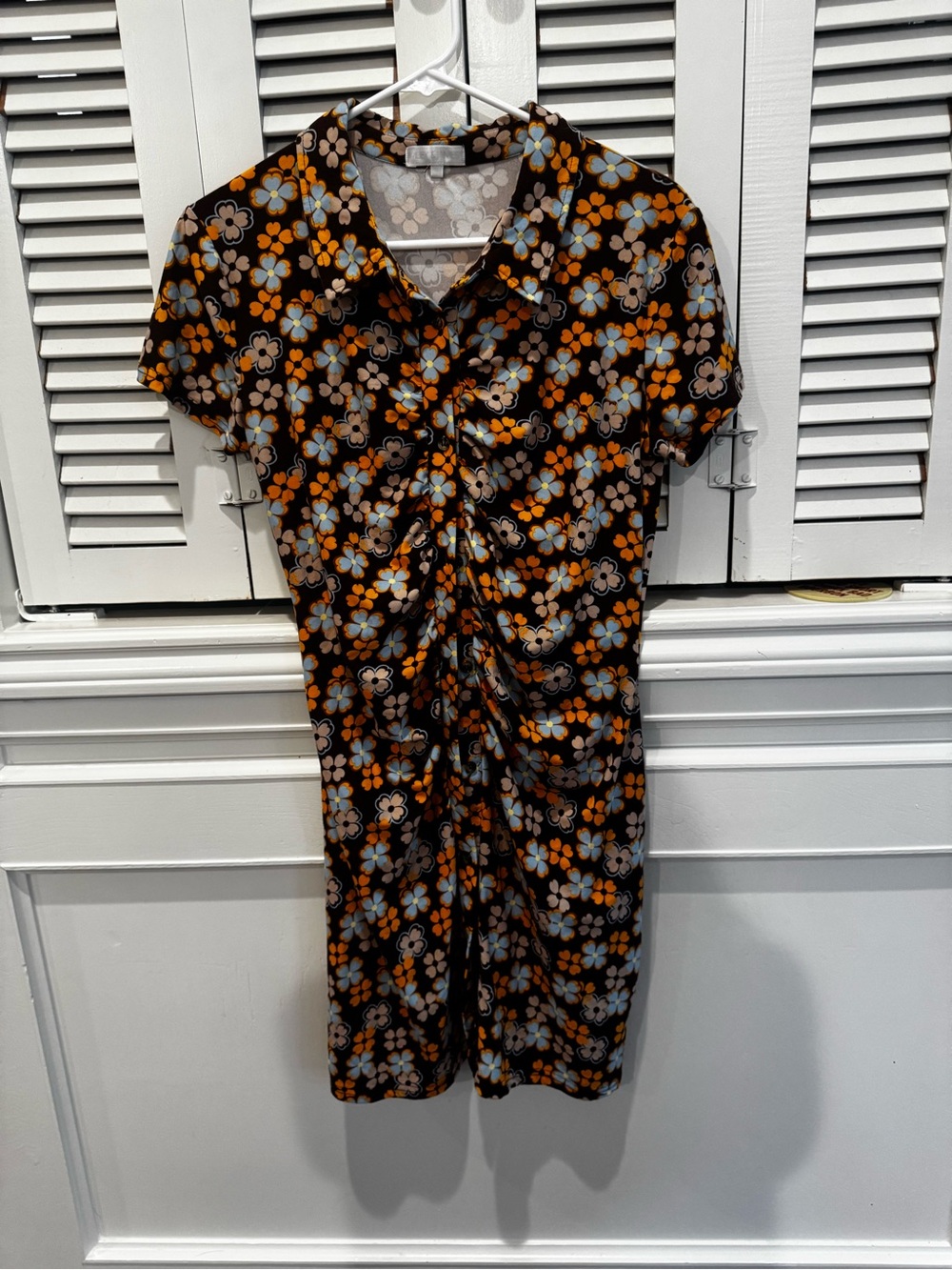 Ruched Floral Mini Dress in Black, Orange, and Light Blue